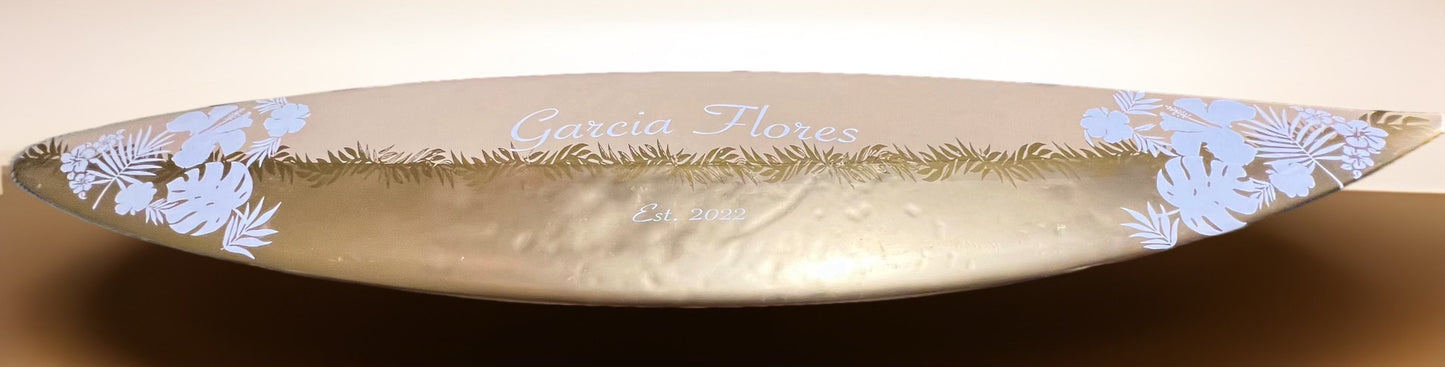 Displayed is a Wedding Guestbook Surfboard